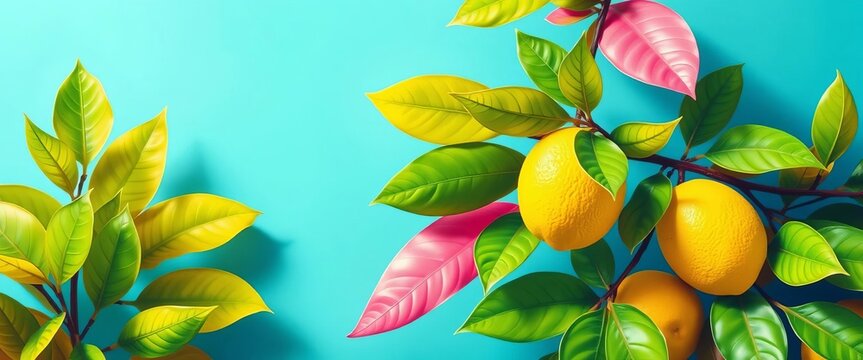 Vibrant abstract summer banner with tropical leaves and lemons,  yellow,  poster