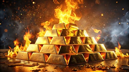 Fiery pyramids of gold bars erupt in flames