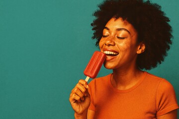 Happy African American woman with curly afro hair wearing orange sweater enjoying a red popsicle against teal background, colorful summer treat concept