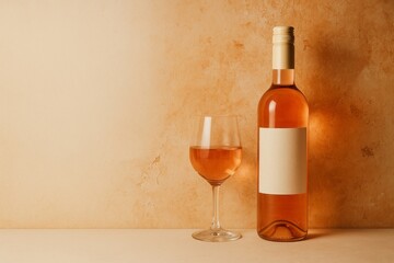 Elegant still life of rose wine bottle with cork and filled wine glass on beige surface against warm peach background minimalist beverage composition