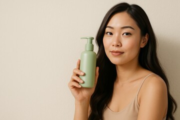 Smiling woman holding green bottle of vegan drink wearing a beige tank top against teal background for healthy lifestyle concept
