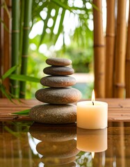 Obraz premium Lifestyle photograph of perfectly balanced smooth river stones and a lit candle, symbolizing inner peace, harmony, and a tranquil zen wellness experience