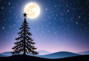 Fototapeta premium Intricate paper cut Christmas tree silhouette against a moonlit star night sky, sparkle, elegant