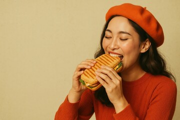 Happy young woman in orange beanie enjoying a burger sandwich against warm orange background