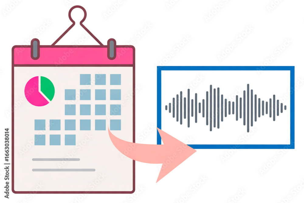 Poster calendar with chart data and audio waveform representing schedule and sound visualization