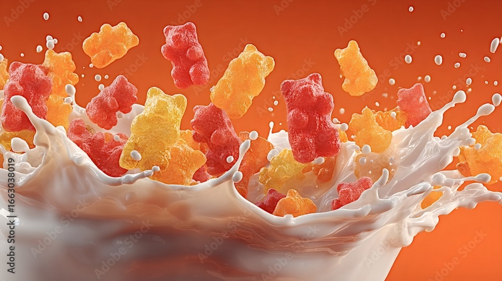 Poster colorful gummy bears splashing into a pool of creamy milk create a dynamic and playful scene, set ag