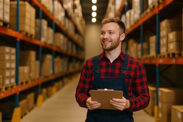 Smiling warehouse worker wearing plaid shirt holding a digital tablet in aisle with shelves of boxes