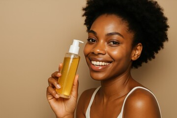 Smiling young woman with curly hair holding a bottle of orange drink against neutral background