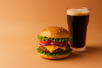Fresh cheeseburger with lettuce, tomato and sesame bun served with a pint of dark beer against bright orange background