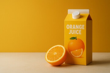 Fresh orange juice in a clear plastic bottle accompanied by sliced oranges and leaves against a vibrant yellow background