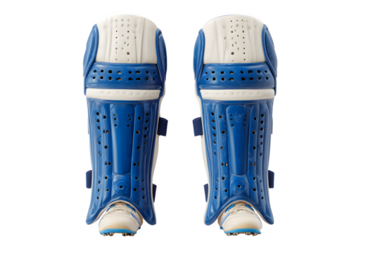 High-quality image of blue and white cricket leg guards on a plain background isolated on transparent background
