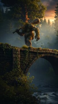 Animated troll walking across stone bridge with a club, in enchanted forest, fantasy background