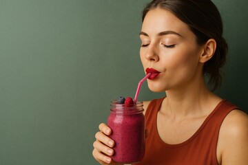 Young woman enjoying refreshing pink smoothie from jar with straw against green background