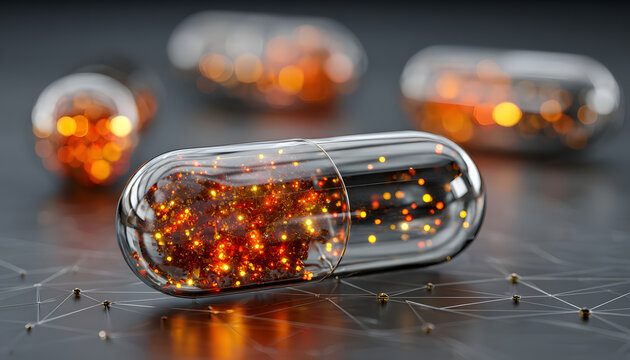 Close-up of transparent medical capsules filled with glowing orange particles resting on digital network grid. Represents advanced healthcare, AI, blockchain technology integration for innovative - Powered by Adobe