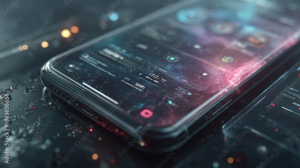 Aufkleber futuristic smartphone display with abstract interface, holographic elements, and data visualization 