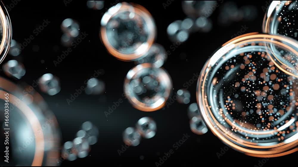 Poster floating bubbles create a mesmerizing display in a dark background with shimmering reflections and i