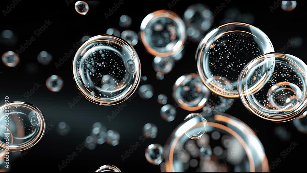 Poster exploration of floating bubbles with detailed visuals showcasing beauty and structure in a dark back