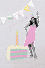 Trend artwork banner sketch 3D photo collage of silhouette young lady dance piece cake candle fire...