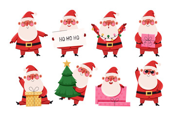 Collection of Cute Santa Claus characters.Christmas Santa  with gift boxes, Christmas tree, and festive accessories. Vector for holiday designs, greeting cards, and seasonal decorations.