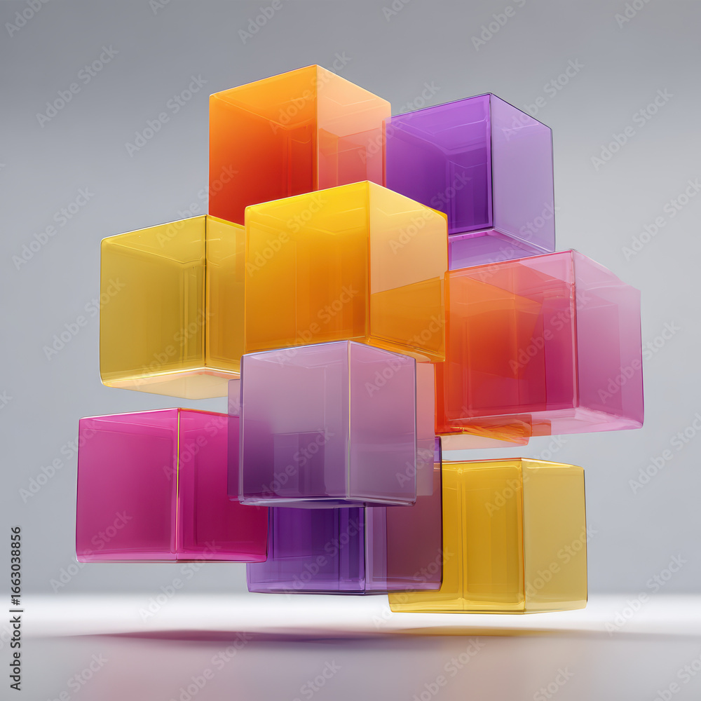 Poster abstract arrangement of colorful transparent cubes on a gradient background, modern geometric compos