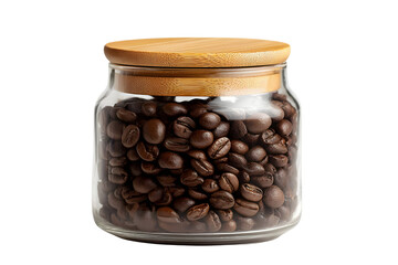 A glass jar filled with rich brown roasted coffee beans topped with a wooden lid isolated on transparent background