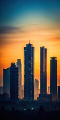 Obraz premium Dark silhouette of Gurgaon skyline with tall skyscrapers and small houses at dusk