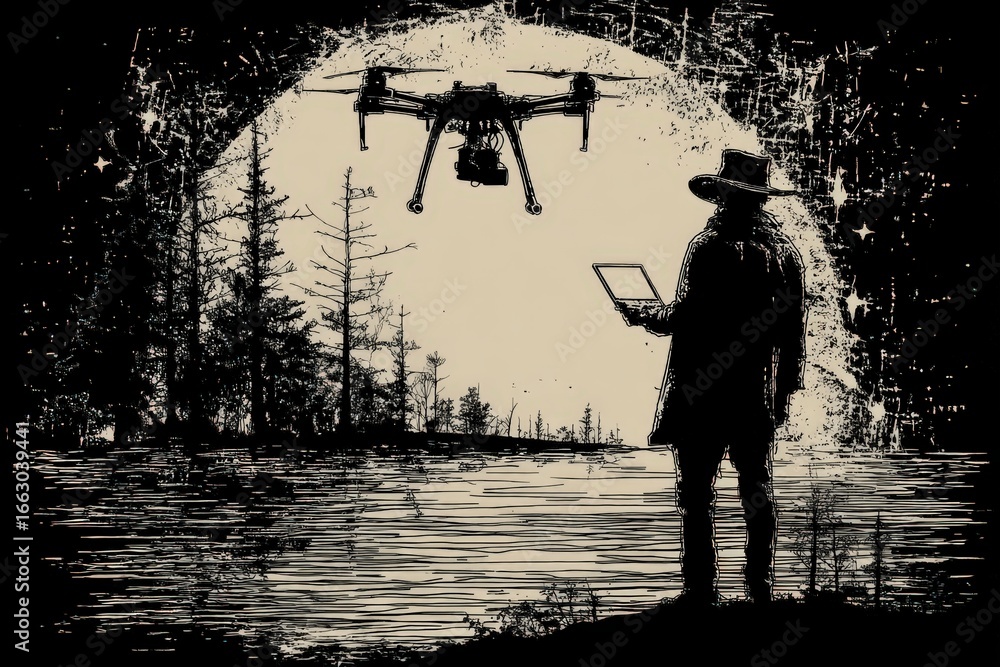 Poster adventurer in the wilderness commanding a drone to capture breathtaking aerial views of untamed natu