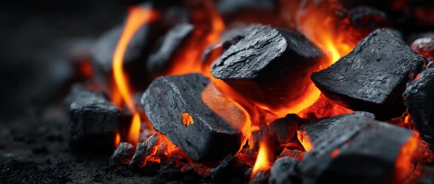 Intense close-up view of red-hot glowing charcoal with flickering flames and smoke