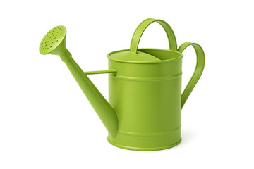 Green metal watering can with long spout and top handle isolated on transparent background png, garden tool for watering plants, flowers, and lawns