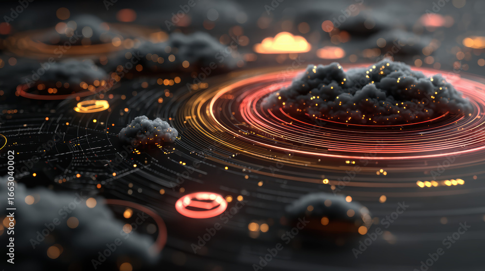 Poster abstract cloud computing network with glowing data streams, artificial intelligence, machine learnin
