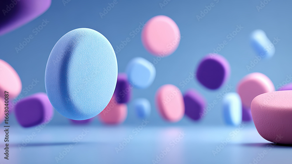 Poster Abstract 3D Render of Floating Geometric Shapes in Pastel Colors on Blue Background, Modern Minimalist Design with Soft Lighting, Perfect for Graphic Design and Creative Projects