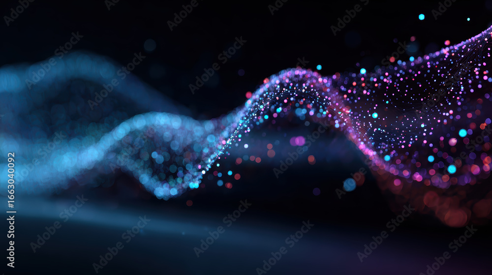 Poster abstract digital particle wave with glowing dots and lines, futuristic technology background, data v