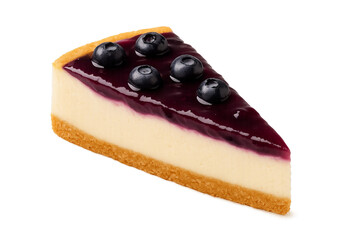 Slice of blueberry cheesecake with creamy vanilla filling and golden crust topped with plump blueberries isolated on transparent background PNG