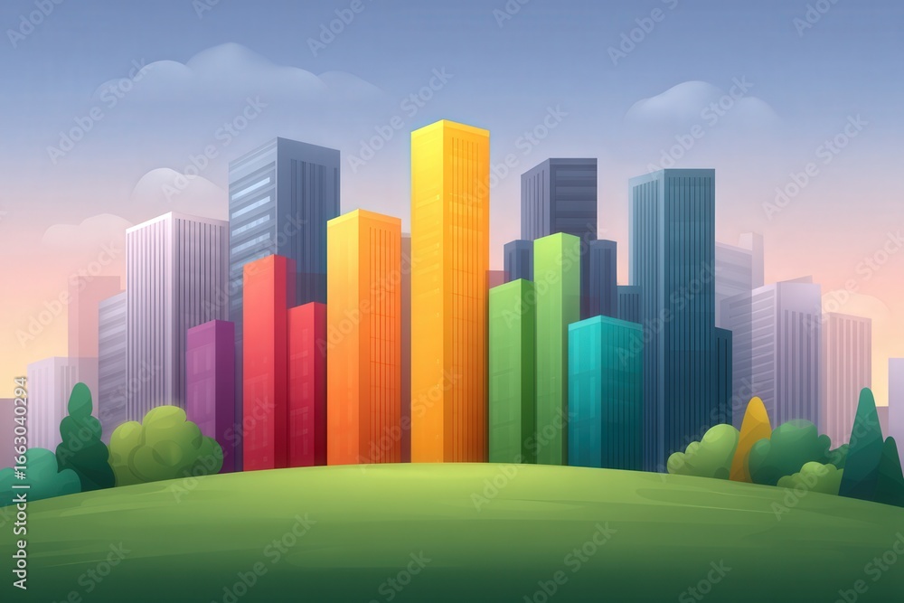 Poster modern city skyline featuring a captivating mix of colorful skyscrapers set against a soft gradient 