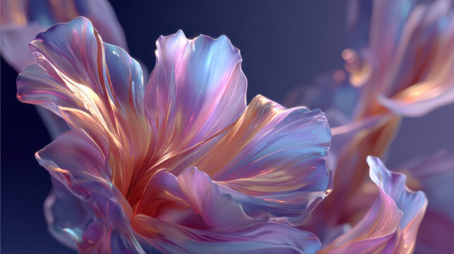Abstract Floral Design with Iridescent Petals on Dark Background, Ethereal and Dreamlike, Perfect for Backgrounds, Wall Art, and Creative Projects, Featuring Delicate Textures and Soft Lighting,