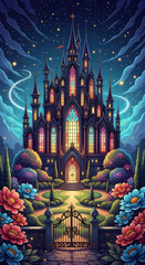 Fototapeta premium whimsical castle ornate spires and shimmering stained glass windows