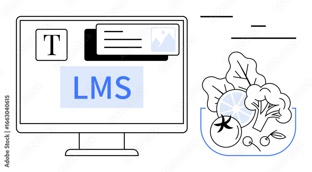 Poster computer screen displaying lms software elements alongside a bowl of fresh vegetables, symbolizing b
