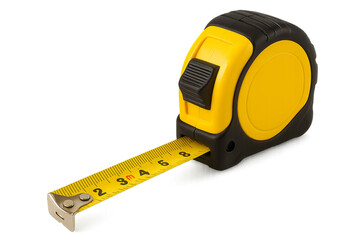 Yellow and black retractable tape measure with extended metal blade showing metric and imperial markings isolated on white background