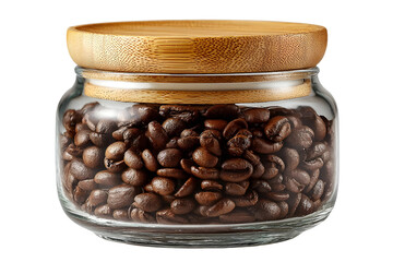Glass jar filled with aromatic roasted coffee beans and wooden lid for freshness and flavor preservation isolated on transparent background