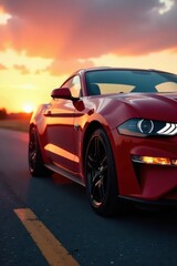 Sleek red sports car, chrome details, sunset backdrop, wallpaper, sunset, backdrop