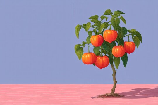 A captivating composition featuring a whimsical plant bearing uniquely shaped orange fruits set against a soothing pastel backdrop enhancing the surreal visual experience of botanical creativity