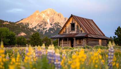 Fototapeta premium Mountain cabin in a field of wildflowers