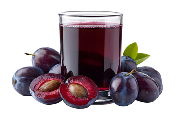 Refreshing glass of plum juice surrounded by ripe plums and fresh green leaves isolated on transparent background