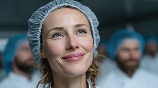 talented chef with a warm smile stands in a bright kitchen, surrounded by fellow culinary professionals. group is engaged in a training session, wearing kitchen attire