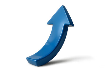 Simple 3D curved blue arrow pointing upward, isolated on transparent background, glossy finish, photorealistic business growth symbol, smooth reflections