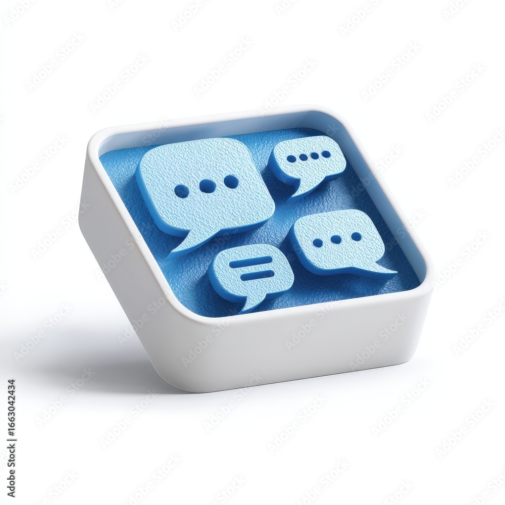 Poster 3d render of blue speech bubbles communication icon in white square frame for social media messaging