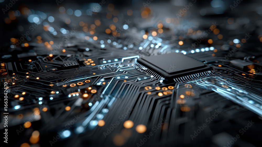 Aufkleber close-up of a modern computer motherboard with cpu, circuitry, and glowing lights, illustrating high