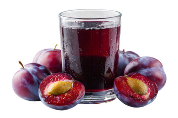 Refreshing plum juice in a glass surrounded by ripe plums a delicious beverage isolated on transparent background