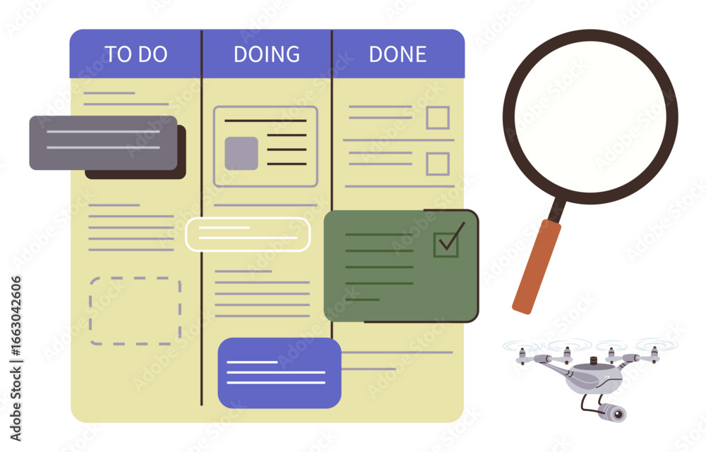 Poster task management board divided into to do, doing, and done columns with a magnifying glass for analys