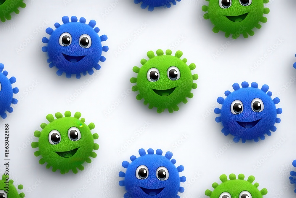 Poster delightful and cheerful cartoon microorganisms representing joyful bacteria interspersed on a clean 